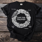 Black t-shirt with white graphic of "LOVE THE UNLOVED" surrounded by vulture, slug, woodlouse, blowfly, and beetle.