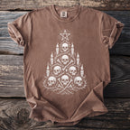 Brown t-shirt with a skull and bones Christmas tree graphic and a star.