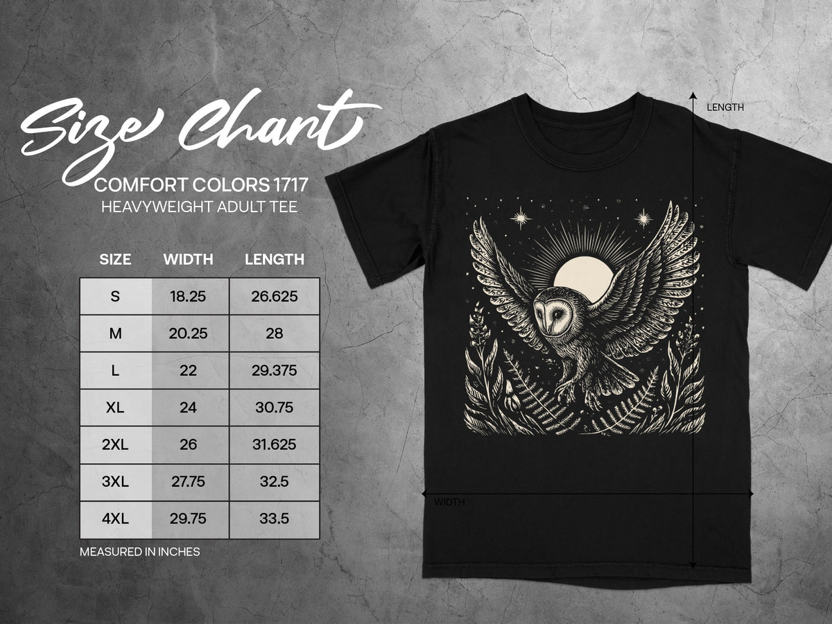 Comfort Colors 1717 heavyweight adult tee size chart with width and length in inches.