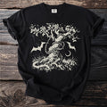 Black t-shirt with a cream graphic of a gnarled tree, bats, and moon.