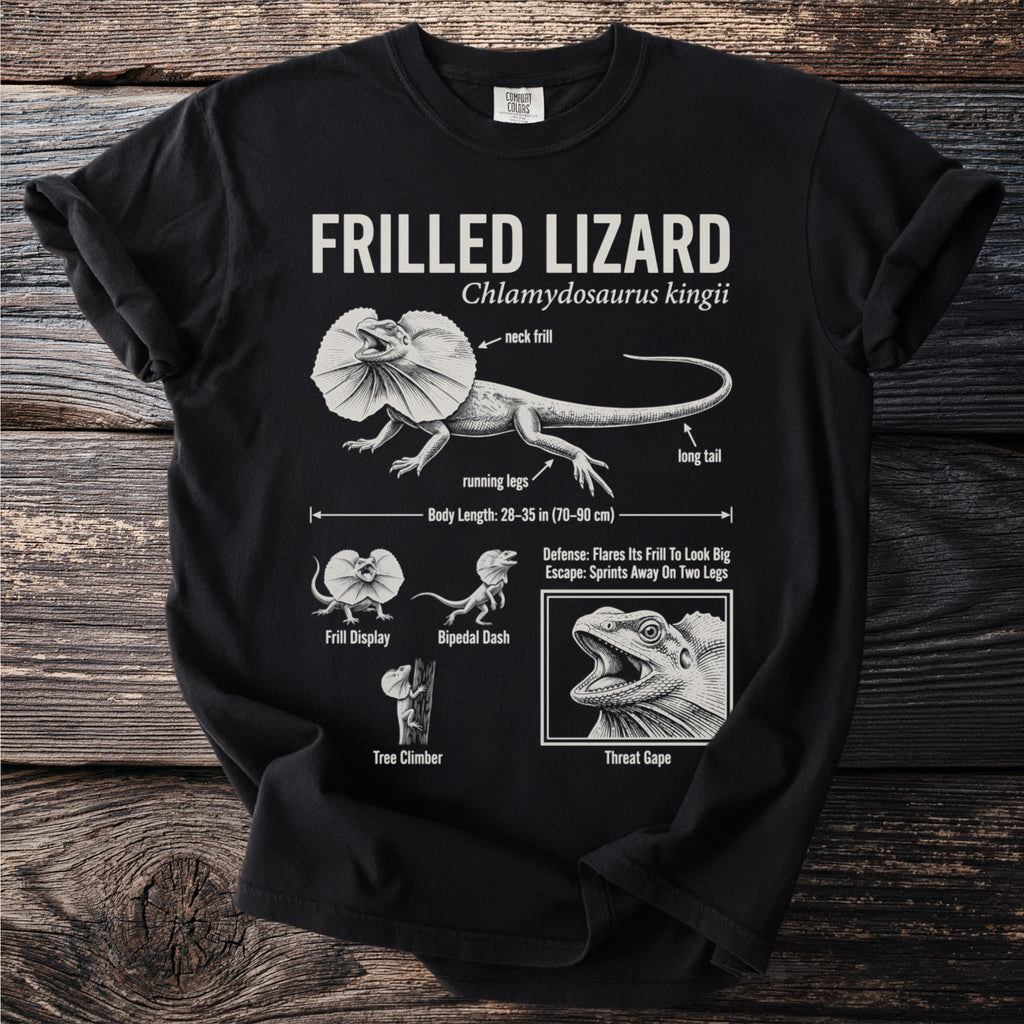 Black t-shirt with Frilled Lizard anatomy diagram and text.