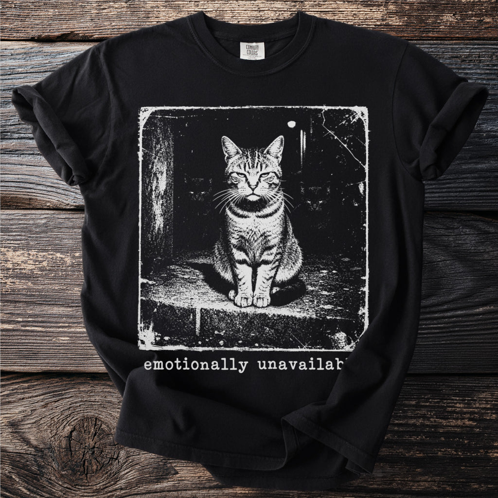 Black t-shirt with a distressed graphic of a cat and the words "emotionally unavailab".