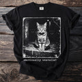 Black t-shirt with a distressed graphic of a cat and the words "emotionally unavailab".