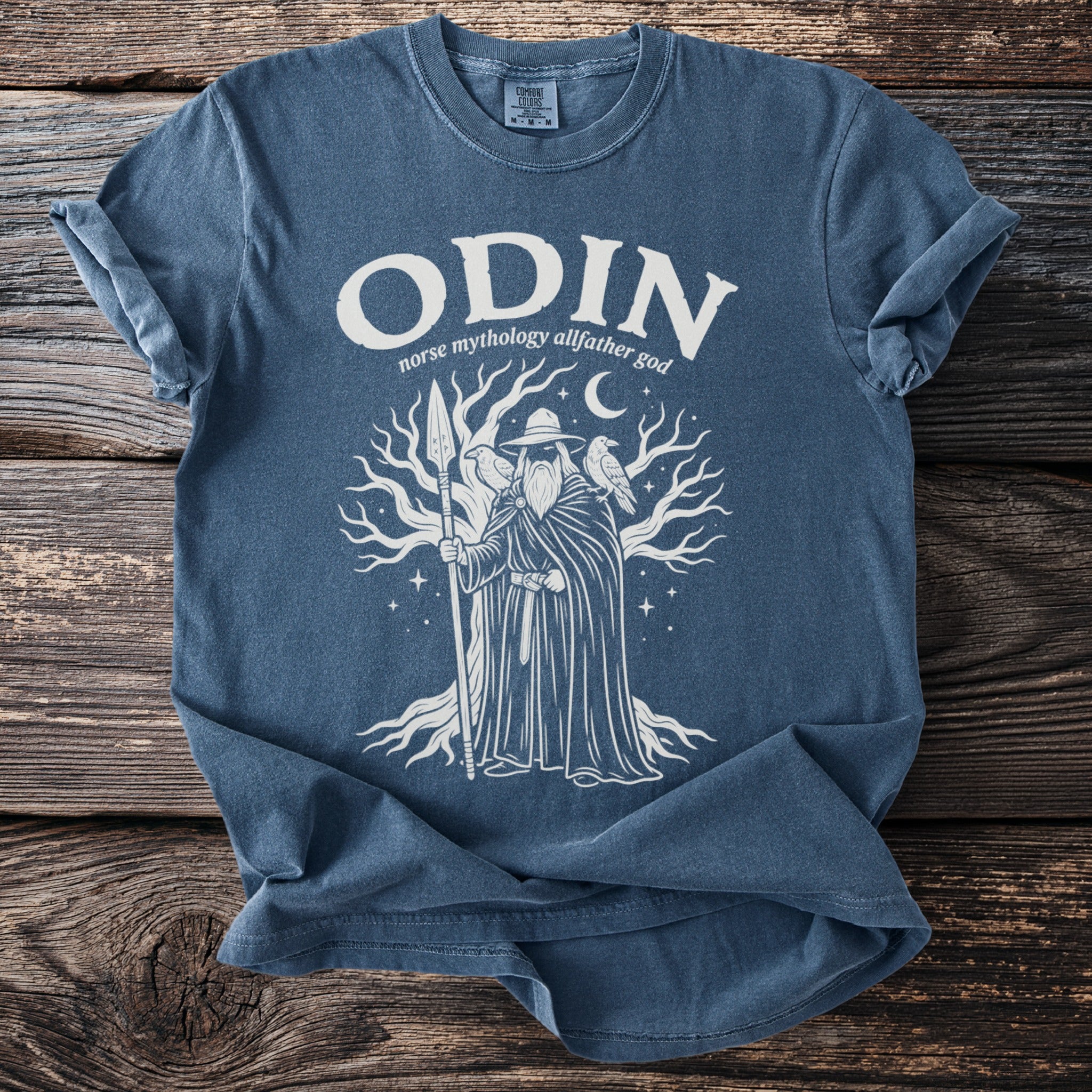 Blue t-shirt with Odin and Norse mythology, allfather god design