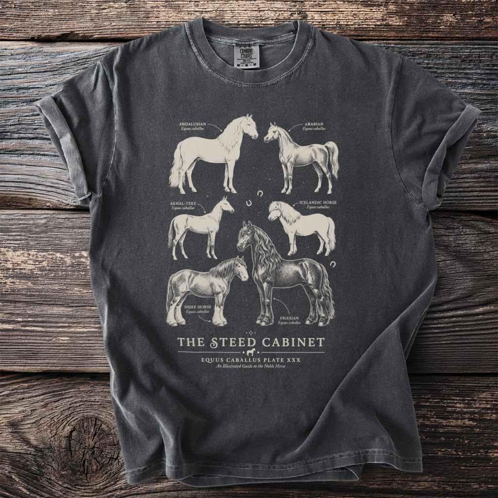 Dark grey t-shirt with illustrations of six different horse breeds and labeled text.