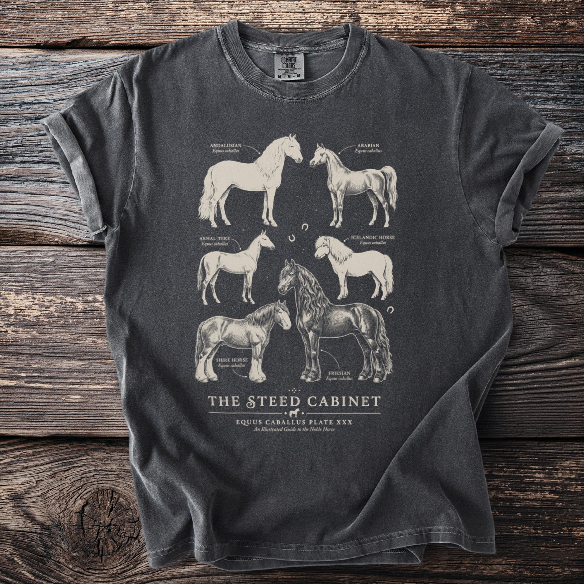 Dark grey t-shirt with illustrations of six different horse breeds and labeled text.