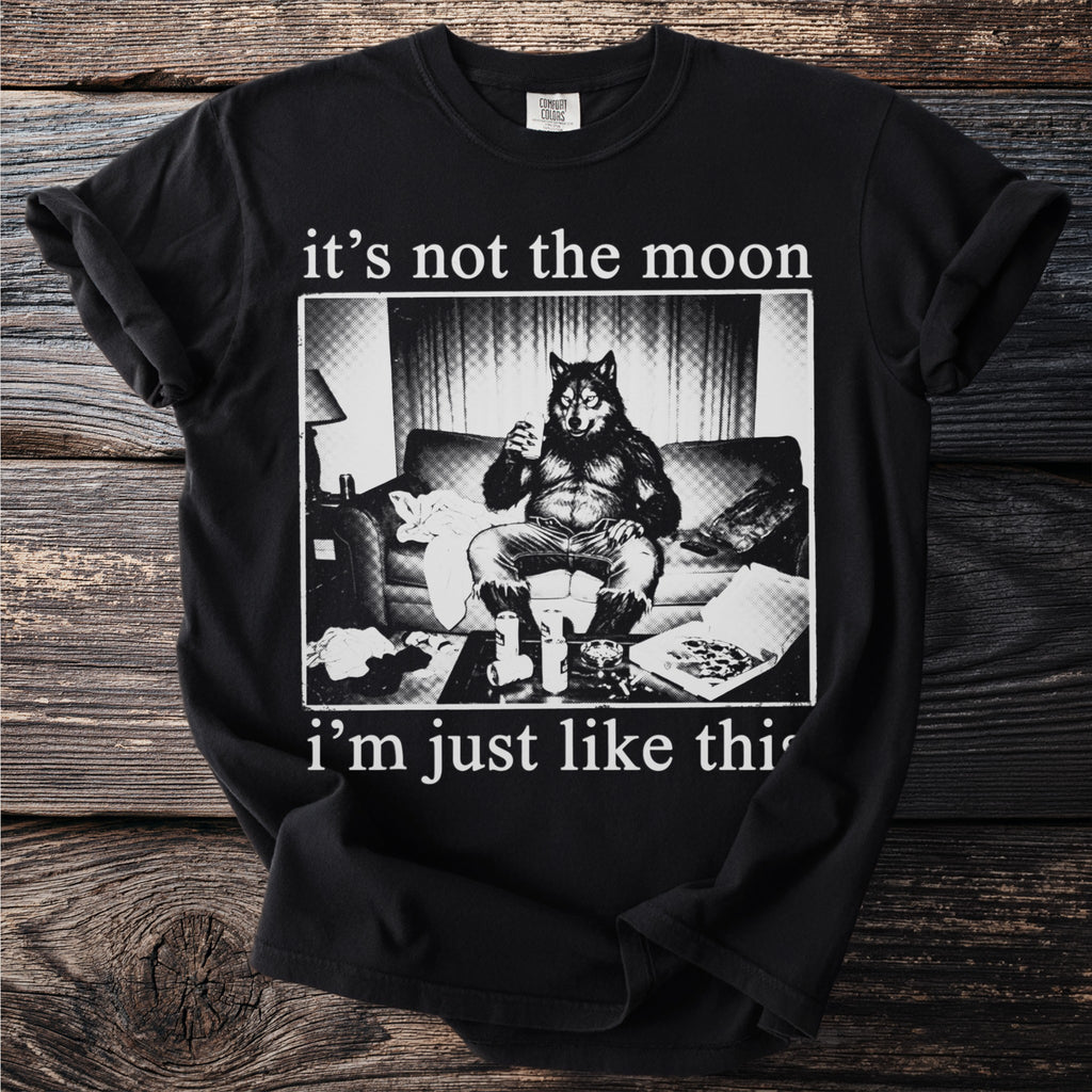 Werewolf on couch with pizza, saying "it's not the moon i'm just like this."
