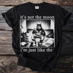 Werewolf on couch with pizza, saying "it's not the moon i'm just like this."