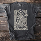 Dark gray t-shirt with Valkyrie, ravens, and runes design.