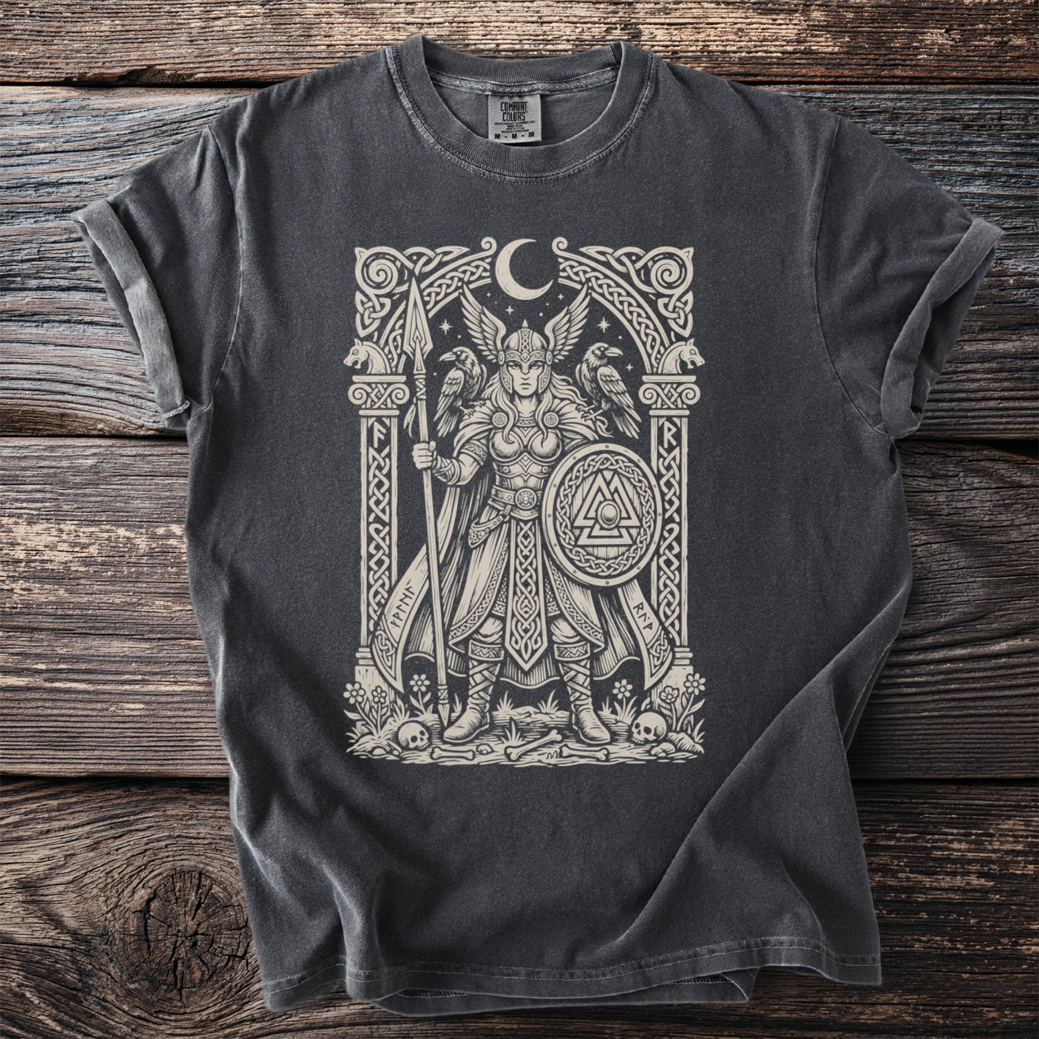 Dark gray t-shirt with Valkyrie, ravens, and runes design.