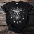 Black t-shirt with Krampus illustration featuring horns, beard, chains, and ornaments.