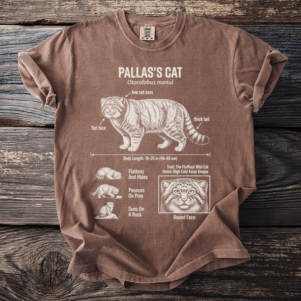 Brown t-shirt with scientific illustration and facts about the Pallas's Cat.