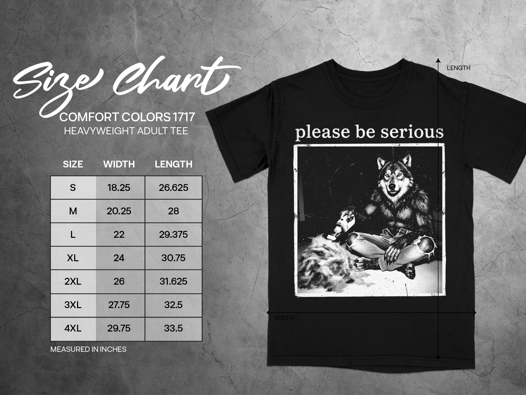 Comfort Colors 1717 heavyweight adult tee size chart with wolf graphic.