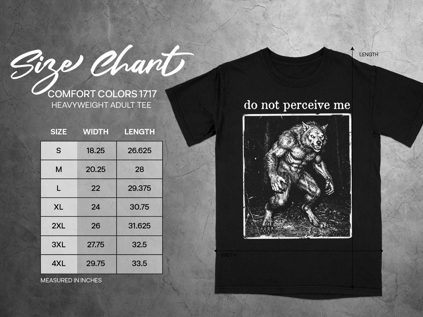 Black t-shirt with werewolf graphic and "do not perceive me" text, features size chart.