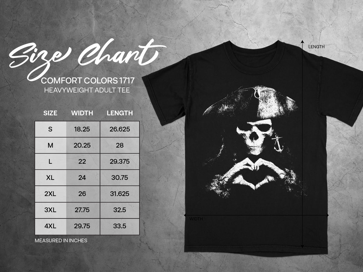 Comfort Colors 1717 heavyweight adult tee size chart with width and length measurements in inches.