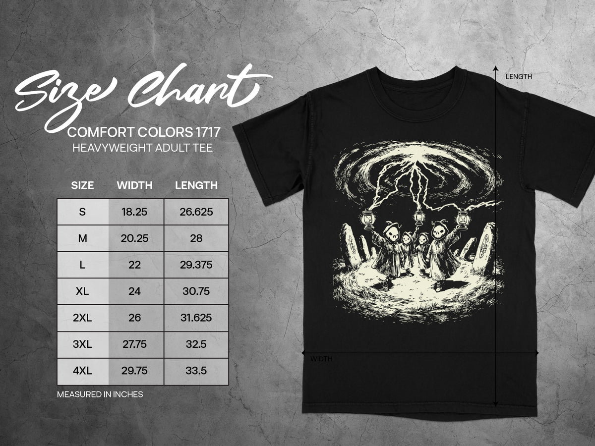 Comfort Colors 1717 heavyweight adult tee size chart with width and length measurements in inches.