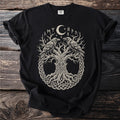 Black t-shirt with interwoven tree, two ravens, moon, and runes design.