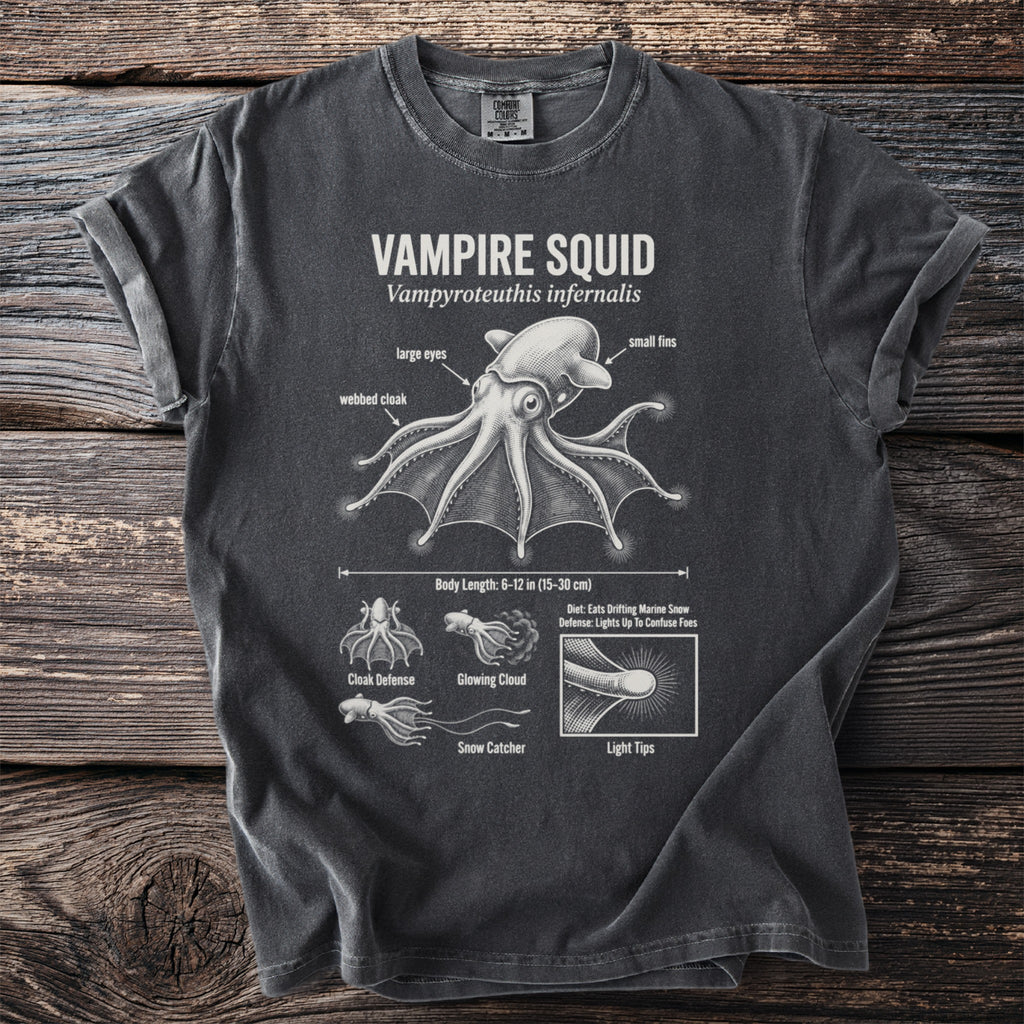 Vampire Squid diagram on a dark t-shirt showing anatomy and behaviors.