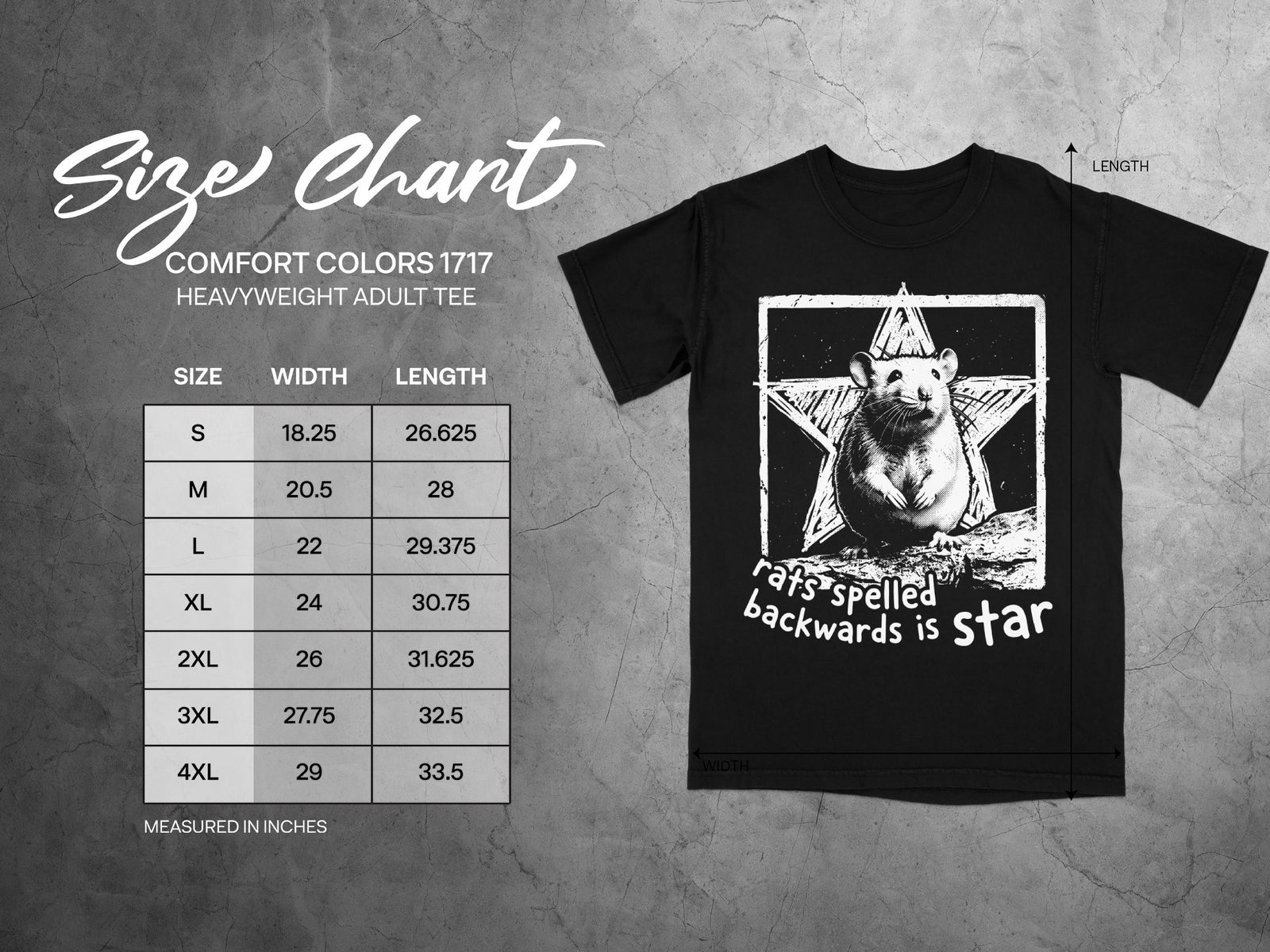Size chart for Comfort Colors 1717 heavyweight adult tee with rat graphic.