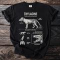 Black t-shirt with Thylacine illustration, anatomy, and body length.