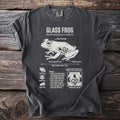 T-shirt graphic of a glass frog with scientific details and biology.