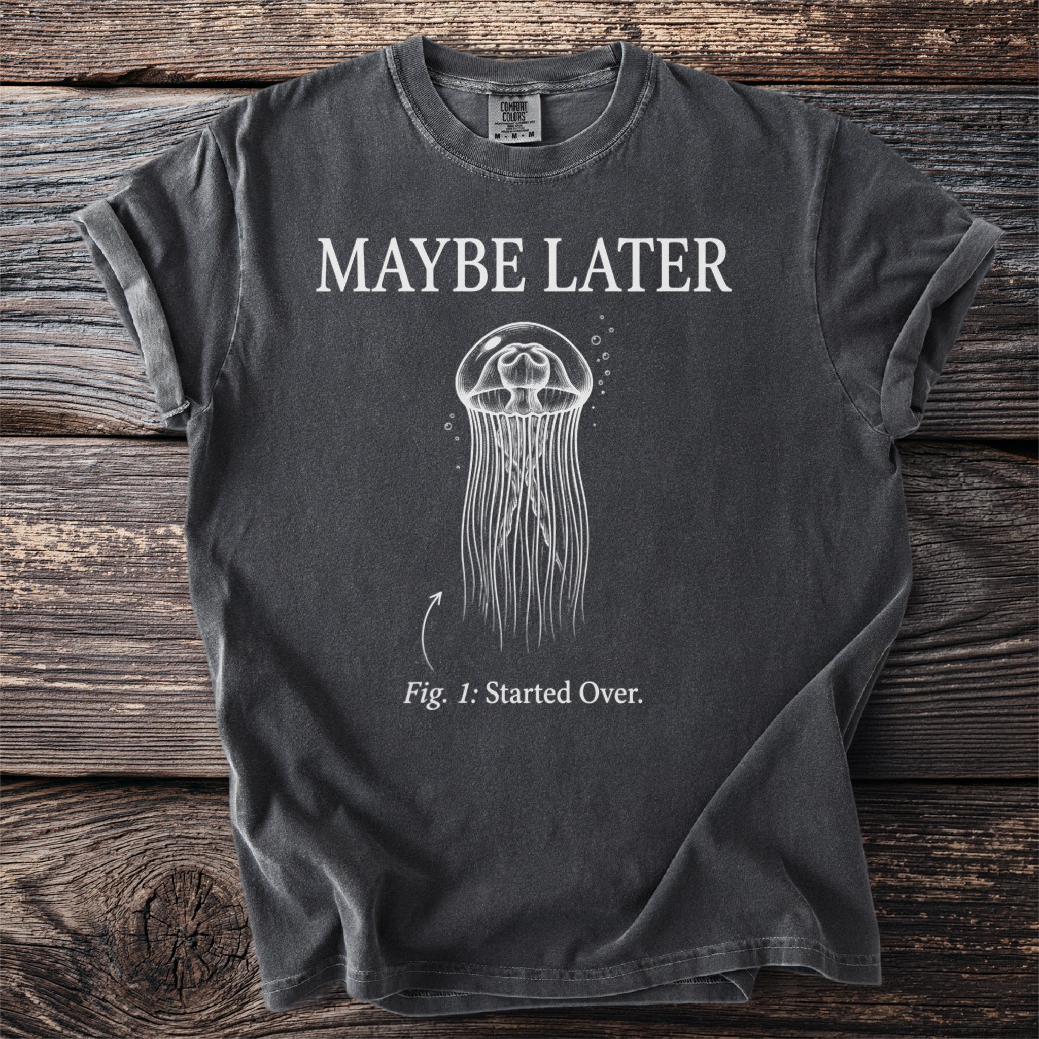 Charcoal t-shirt with white text "MAYBE LATER" and a jellyfish drawing labeled "Fig. 1: Started Over."