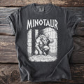 Minotaur graphic t-shirt with maze and Greek key border detail.