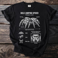 Black t-shirt with detailed illustration of a bold jumping spider and its features.