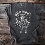 Dark gray t-shirt featuring "Krampus alpine Christmas folklore demon" and a goat-like figure.