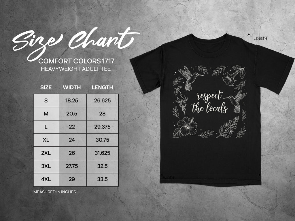 Comfort Colors 1717 size chart with t-shirt graphic featuring hummingbirds and flowers.