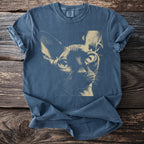 Blue t-shirt with a tan sphinx cat portrait graphic.