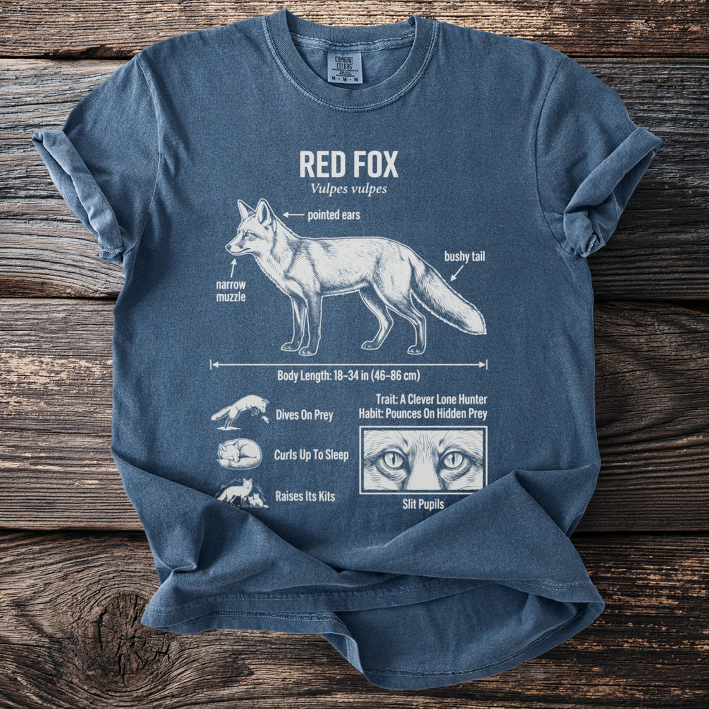 T-shirt shows red fox illustration with labeled features and habits.
