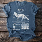 T-shirt shows red fox illustration with labeled features and habits.