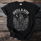 Black t-shirt with white line art of Jekyll and Hyde in a city setting.