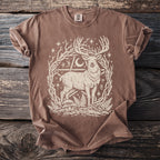 Brown t-shirt with white mystical stag, moon, stars, and nature symbols graphic.