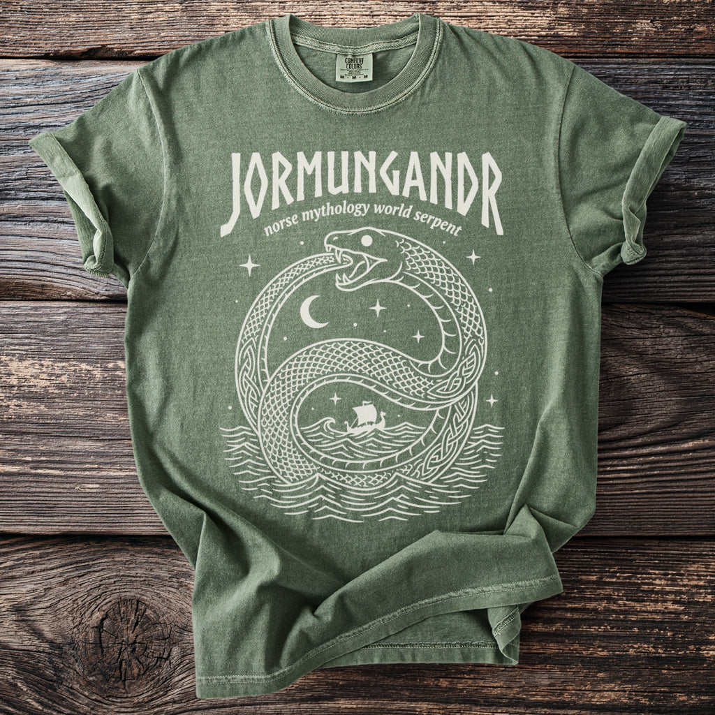 Green t-shirt with Jörmungandr, Norse mythology world serpent graphic and sky details.