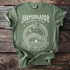 Green t-shirt with Jörmungandr, Norse mythology world serpent graphic and sky details.