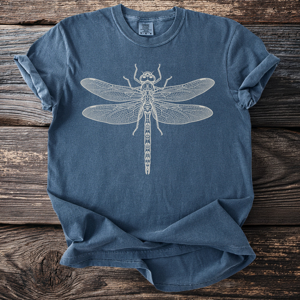 Blue t-shirt featuring a white line drawing of a dragonfly.