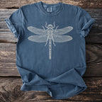 Blue t-shirt featuring a white line drawing of a dragonfly.