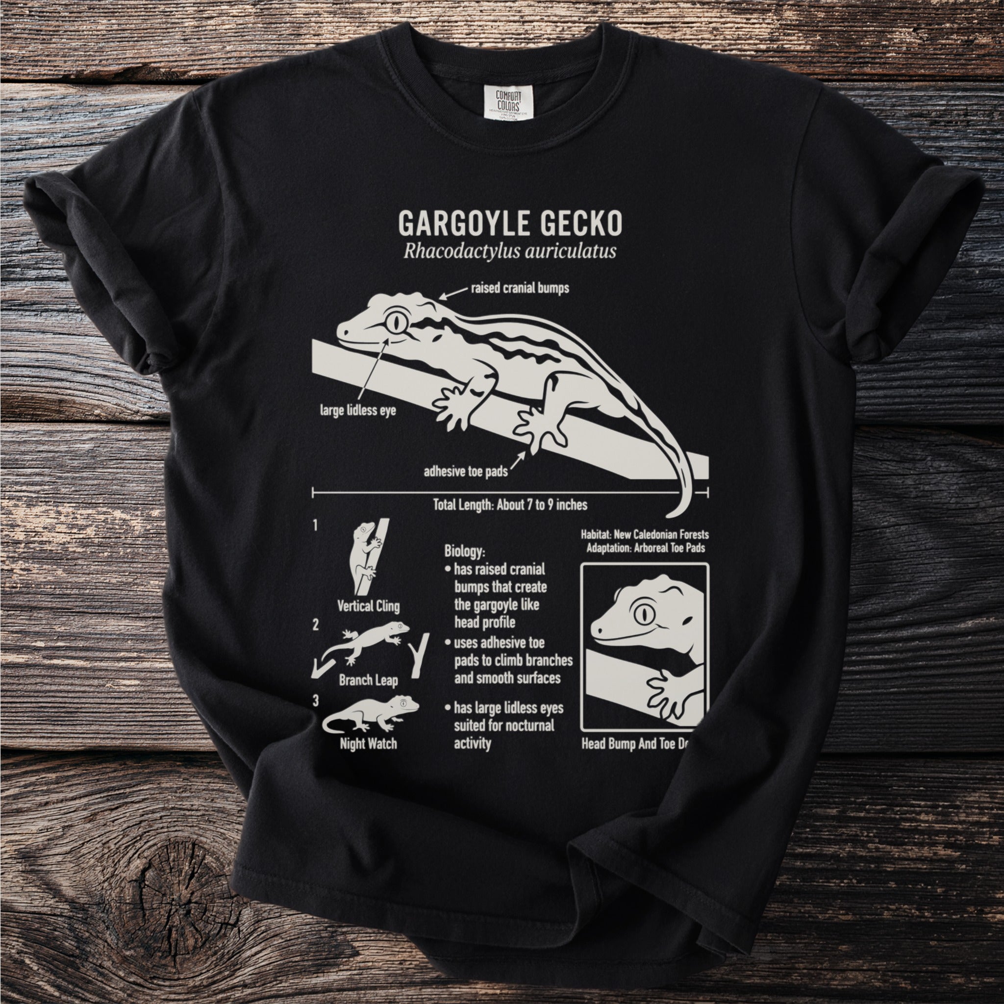 Black t-shirt with white diagram of a gargoyle gecko and its characteristics.