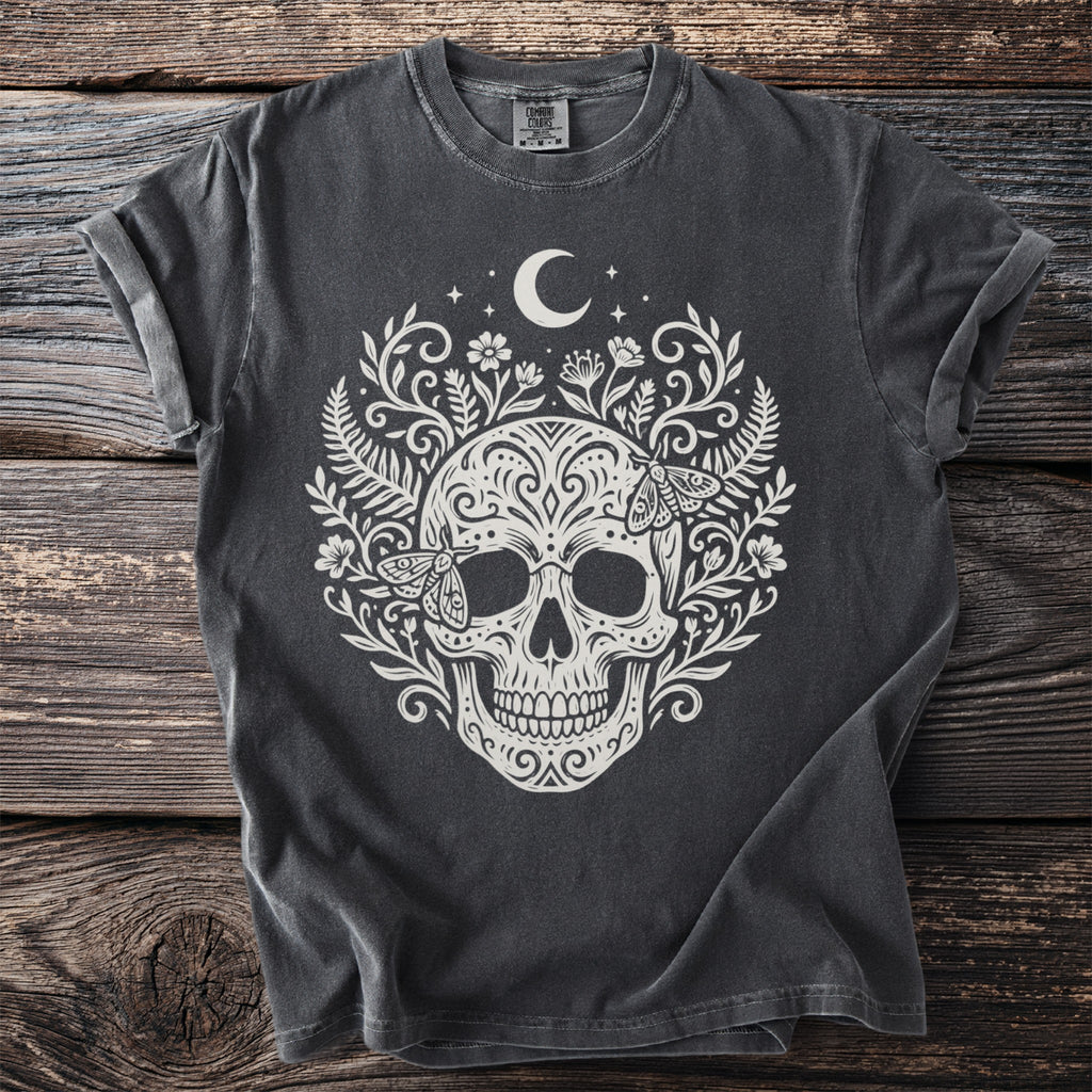 Gray t-shirt with white skull, moon, stars, floral, and moth design.