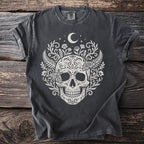 Gray t-shirt with white skull, moon, stars, floral, and moth design.