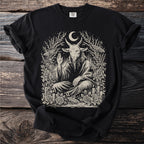 Black t-shirt with occult goat, crescent moon, moths, roses, and candles graphic.