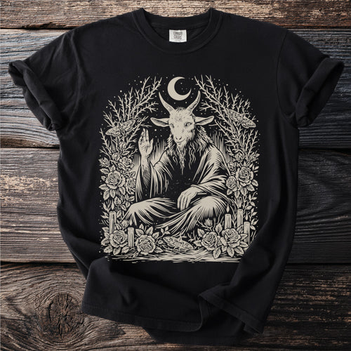 Black t-shirt with occult goat, crescent moon, moths, roses, and candles graphic.
