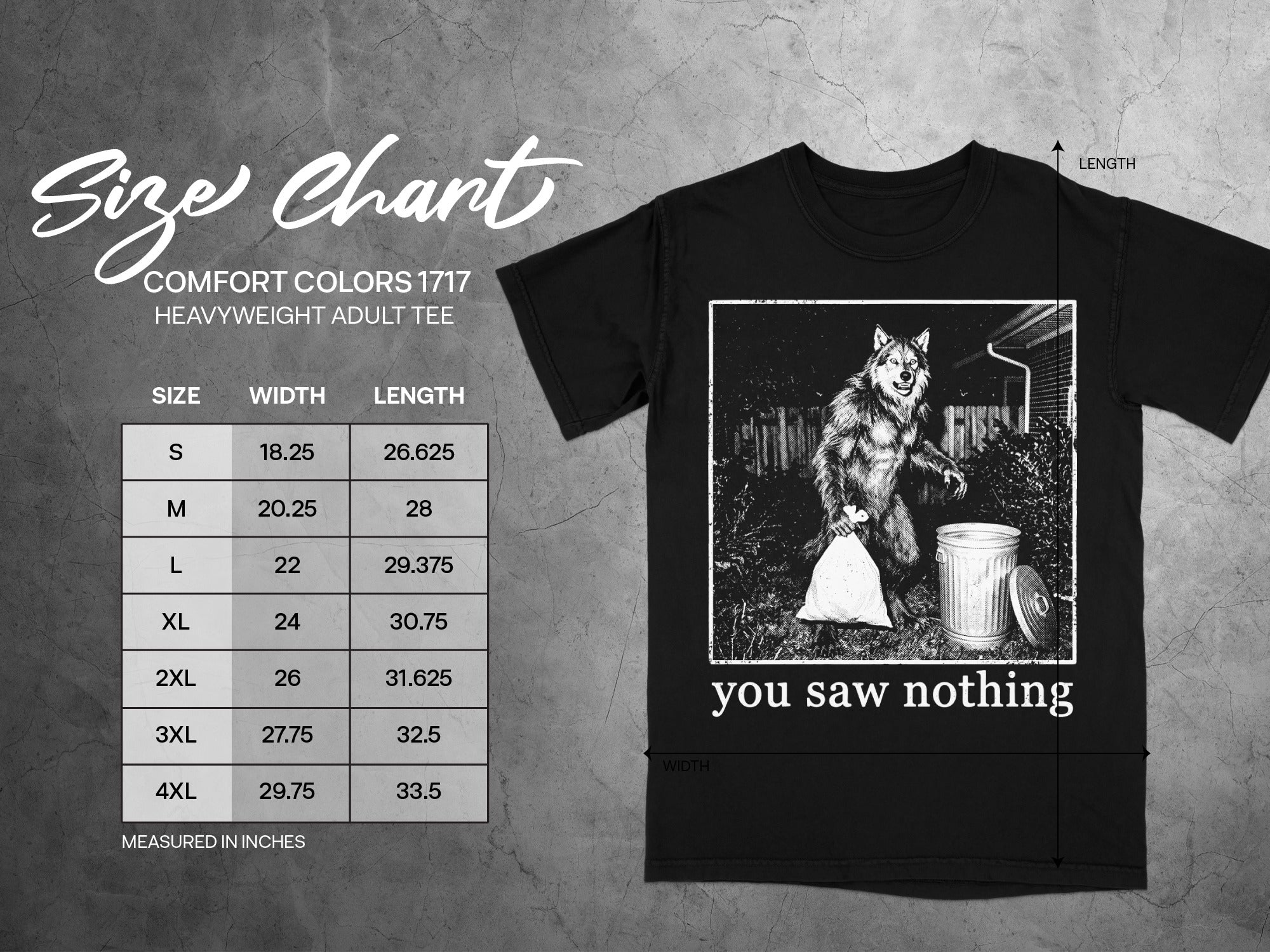 Black t-shirt with wolf graphic, text "you saw nothing", and size chart.