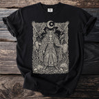 Black t-shirt with Norse-inspired graphic of a warrior, ravens, moon, and shields.