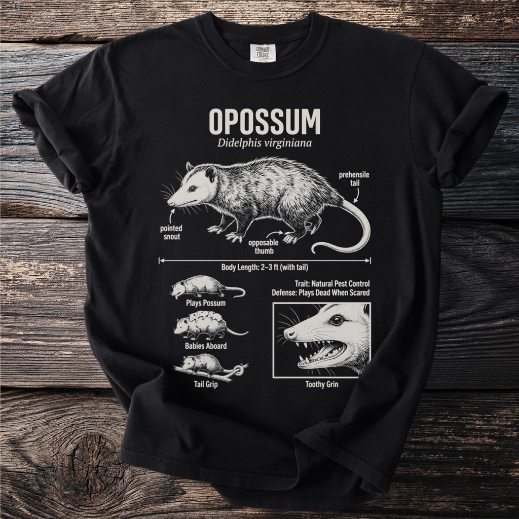 Black t-shirt with opossum diagram: "OPOSSUM Didelphis virginiana".