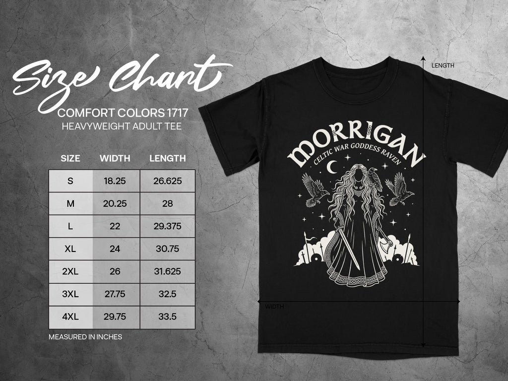 Size chart for black Comfort Colors 1717 heavyweight adult tee featuring the Morrigan.
