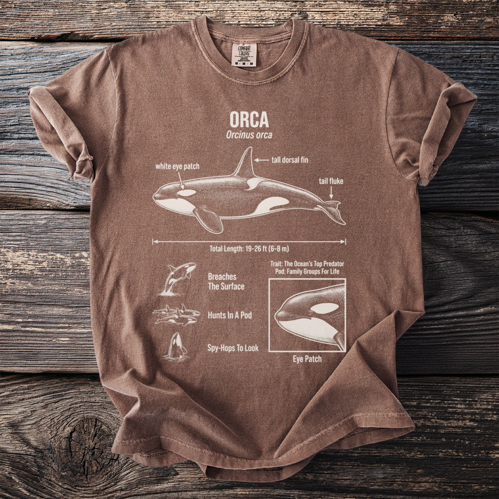 Brown t-shirt with diagram of orca, its features and behaviors.