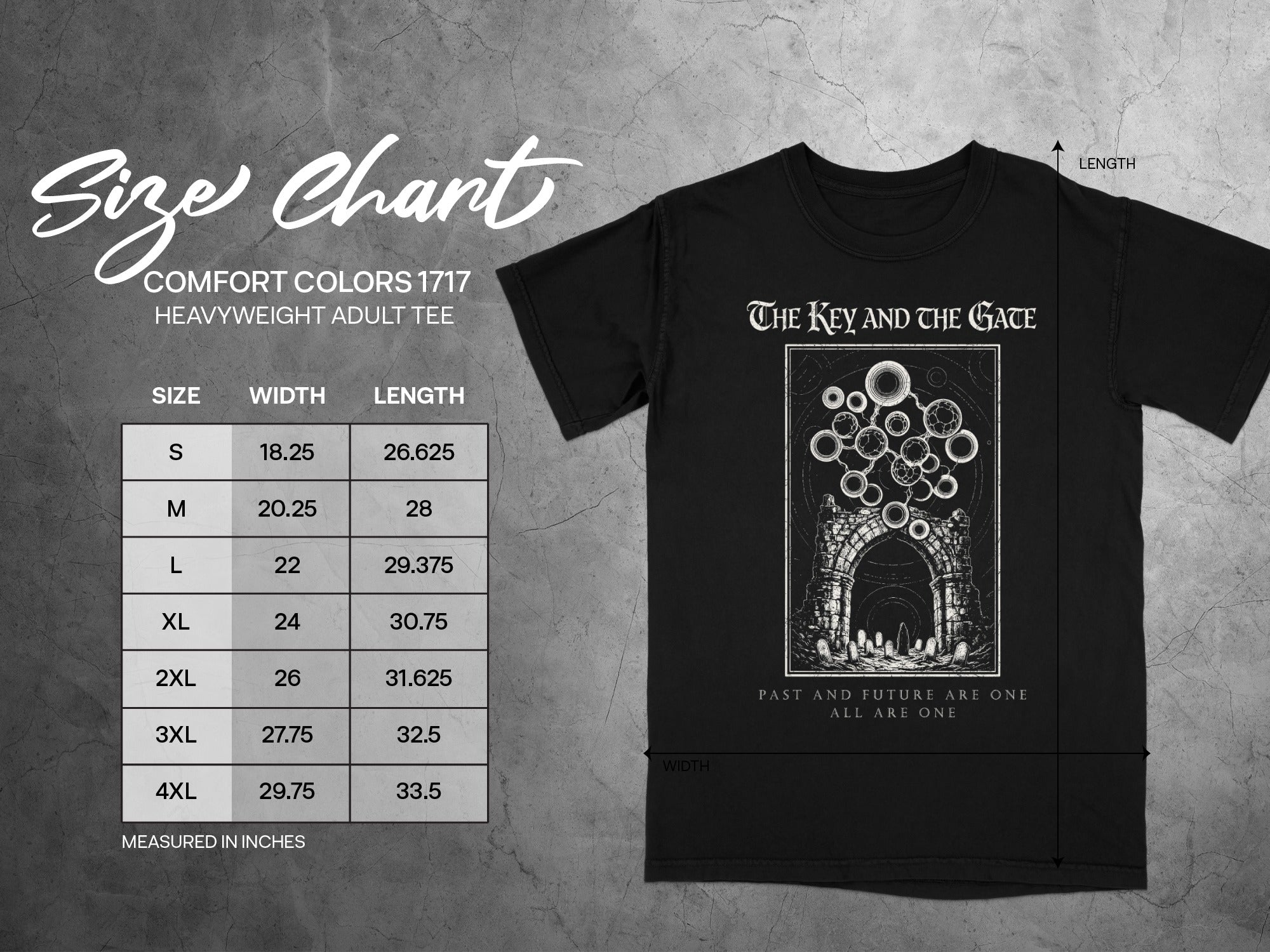 Comfort Colors 1717 heavyweight adult tee size chart with graphic.